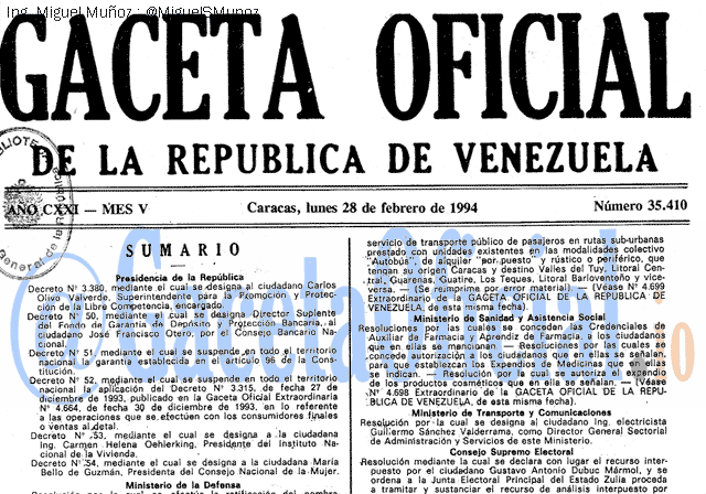Gaceta Oficial 35410 del 28 Febrero 1994