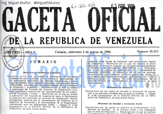Gaceta Oficial 35412 del 2 Marzo 1994