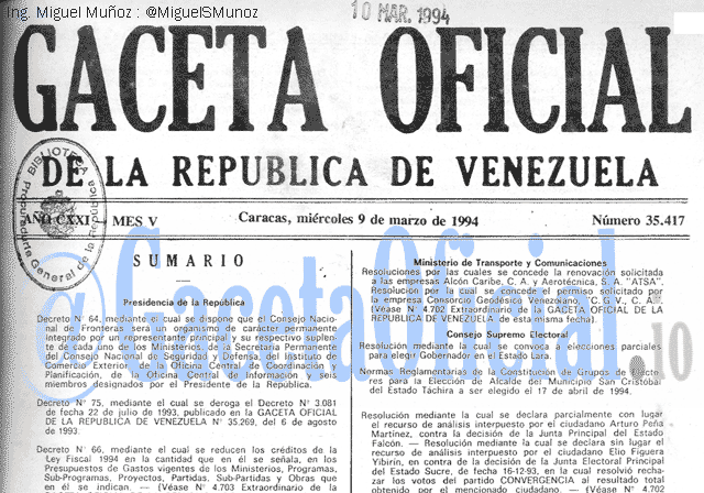 Gaceta Oficial 35417 del 9 Marzo 1994