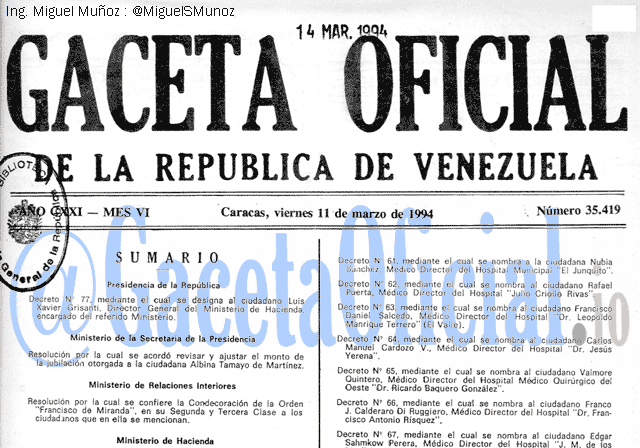 Gaceta Oficial 35419 del 11 Marzo 1994