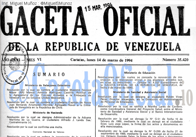 Gaceta Oficial 35420 del 14 Marzo 1994