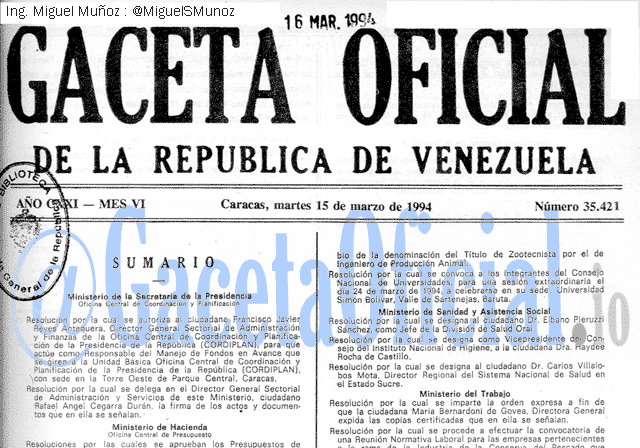 Gaceta Oficial 35421 del 15 Marzo 1994