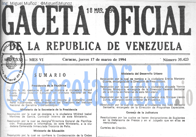 Gaceta Oficial 35423 del 17 Marzo 1994