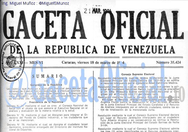 Gaceta Oficial 35424 del 18 Marzo 1994