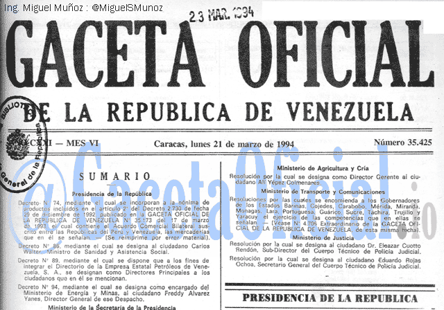 Gaceta Oficial 35425 del 21 Marzo 1994