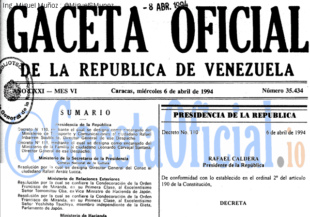 Gaceta Oficial 35434 del 6 Abril 1994