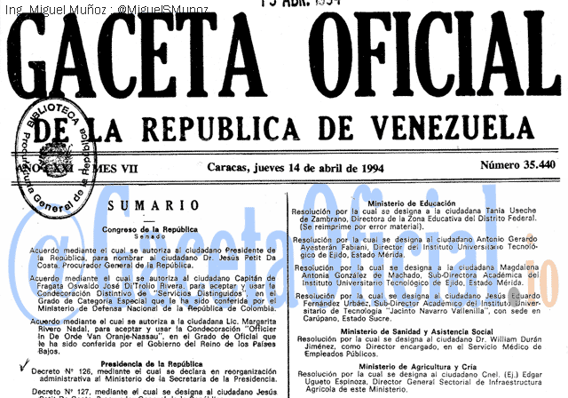 Gaceta Oficial 35440 del 14 Abril 1994