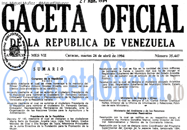 Gaceta Oficial 35447 del 26 Abril 1994