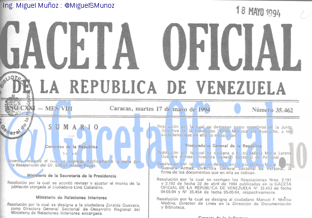 Gaceta Oficial 35462 del 17 Mayo 1994