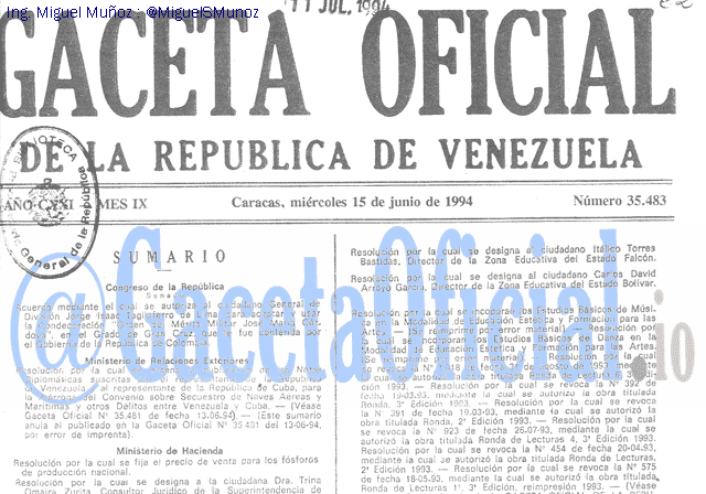 Gaceta Oficial 35483 del 15 Junio 1994