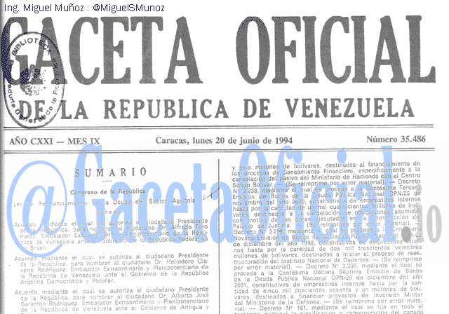 Gaceta Oficial 35486 del 20 Junio 1994