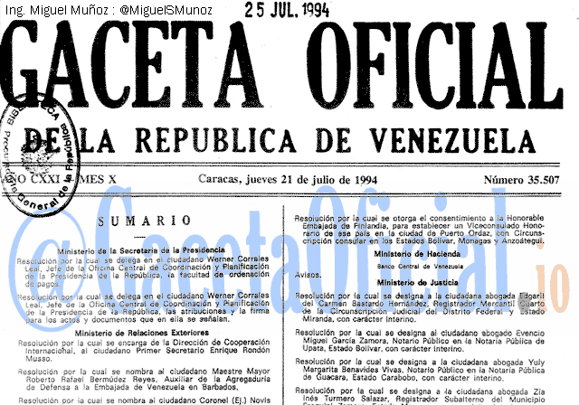 Gaceta Oficial 35507 del 21 Julio 1994