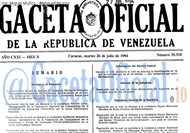 Gaceta Oficial 35510 del 26 Julio 1994