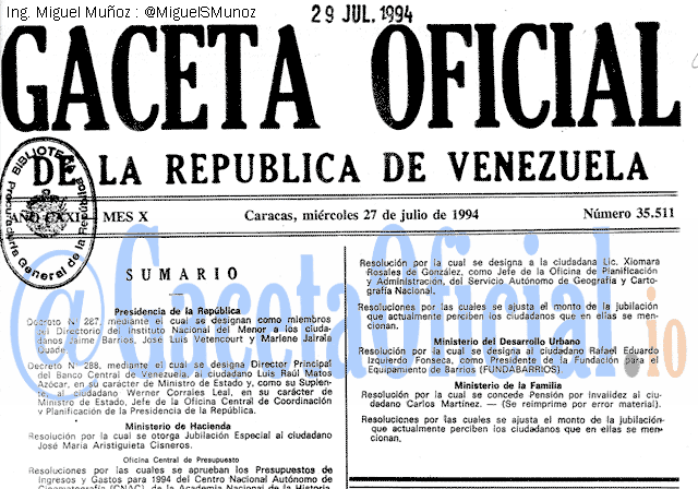 Gaceta Oficial 35511 del 27 Julio 1994