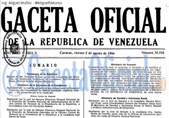 Gaceta Oficial 35518 del 5 Agosto 1994