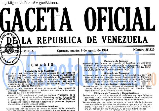 Gaceta Oficial 35520 del 9 Agosto 1994