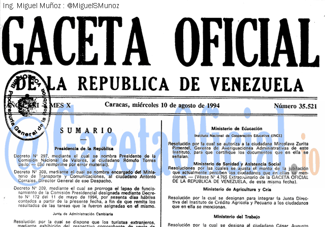 Gaceta Oficial 35521 del 10 Agosto 1994