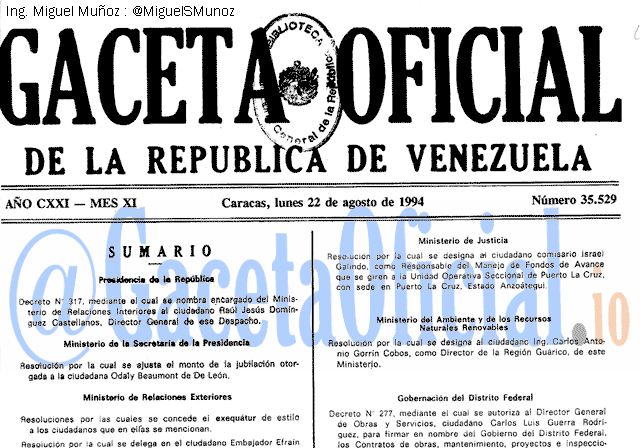 Gaceta Oficial 35529 del 22 Agosto 1994