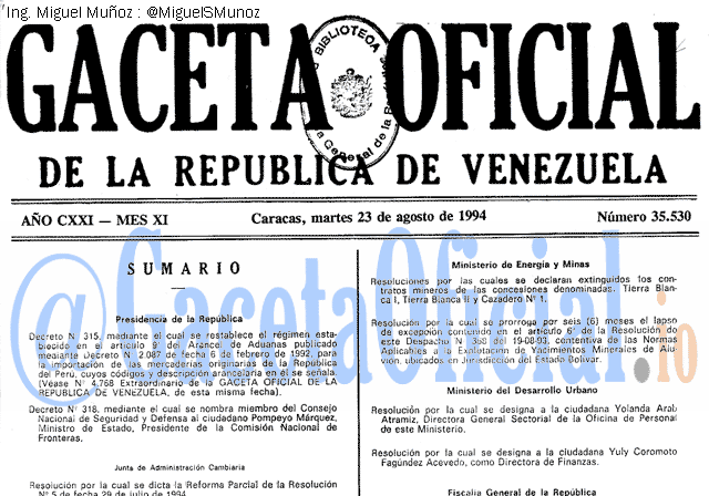Gaceta Oficial 35530 del 23 Agosto 1994