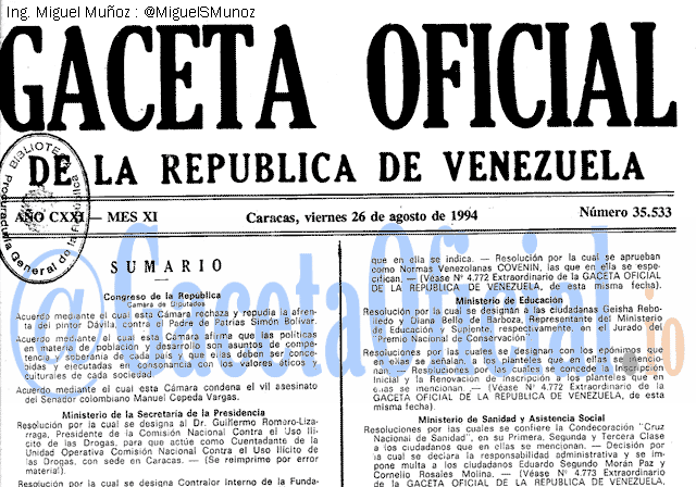 Gaceta Oficial 35533 del 26 Agosto 1994