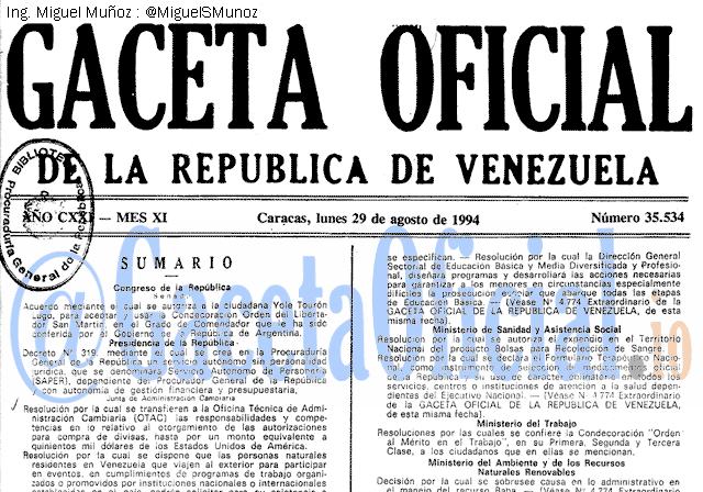 Gaceta Oficial 35534 del 29 Agosto 1994