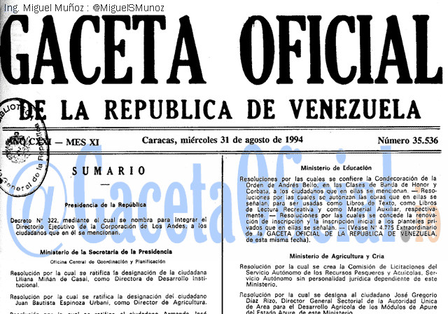 Gaceta Oficial 35536 del 31 Agosto 1994