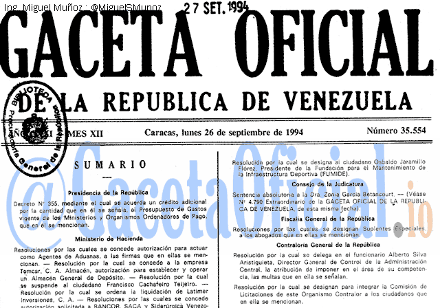 Gaceta Oficial 35554 del 26 Septiembre 1994