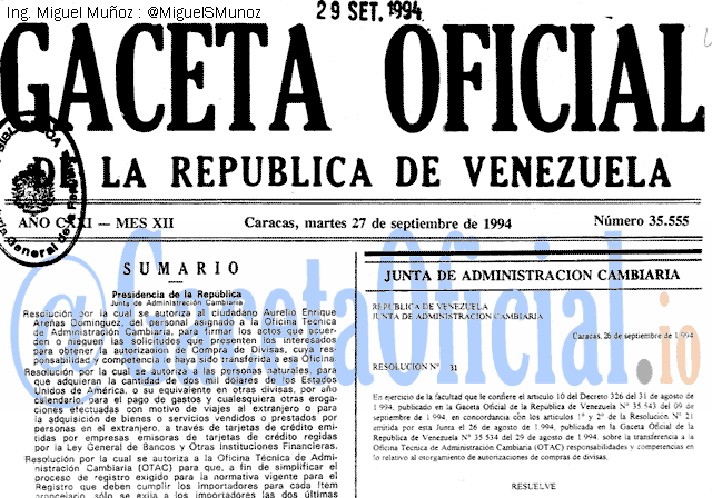 Gaceta Oficial 35555 del 27 Septiembre 1994