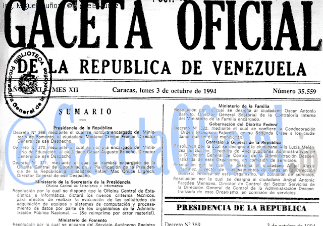 Gaceta Oficial 35559 del 3 Octubre 1994