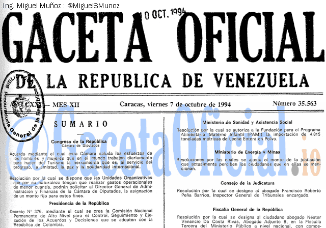 Gaceta Oficial 35563 del 7 Octubre 1994