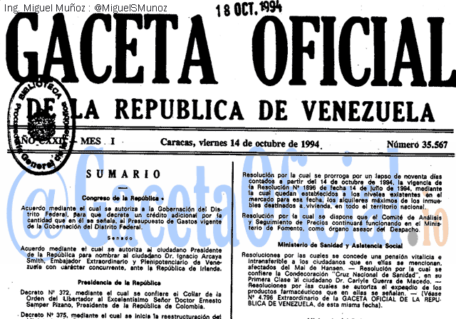 Gaceta Oficial 35567 del 14 Octubre 1994