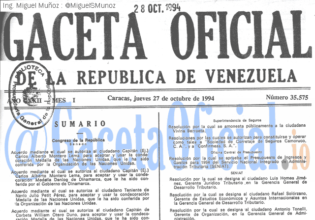 Gaceta Oficial 35575 del 27 Octubre 1994