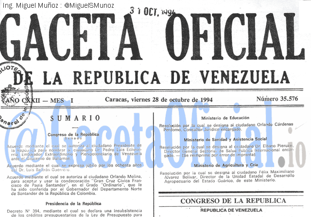 Gaceta Oficial 35576 del 28 Octubre 1994