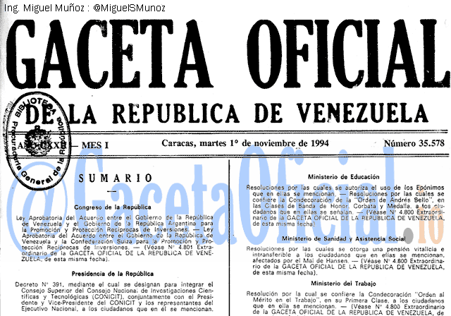 Gaceta Oficial 35578 del 1 Noviembre 1994