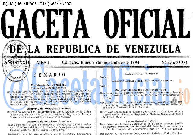 Gaceta Oficial 35582 del 7 Noviembre 1994
