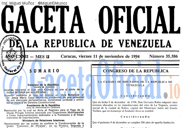Gaceta Oficial 35586 del 11 Noviembre 1994