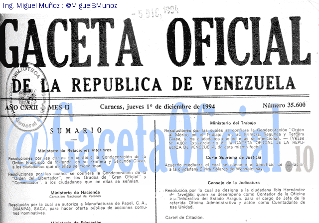 Gaceta Oficial 35600 del 1 Diciembre 1994