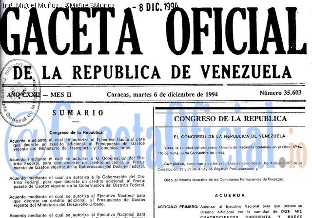 Gaceta Oficial 35603 del 6 Diciembre 1994