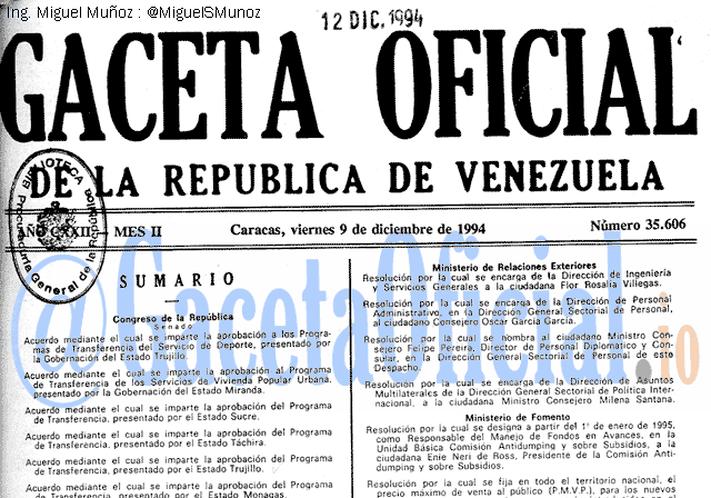 Gaceta Oficial 35606 del 9 Diciembre 1994