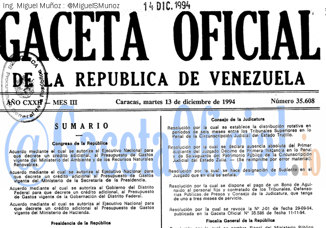 Gaceta Oficial 35608 del 13 Diciembre 1994