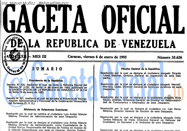 Gaceta Oficial 35626 del 6 Enero 1995