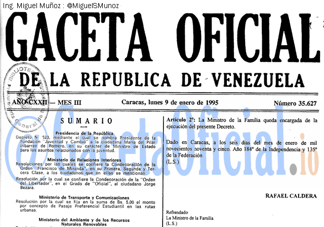 Gaceta Oficial 35627 del 9 Enero 1995