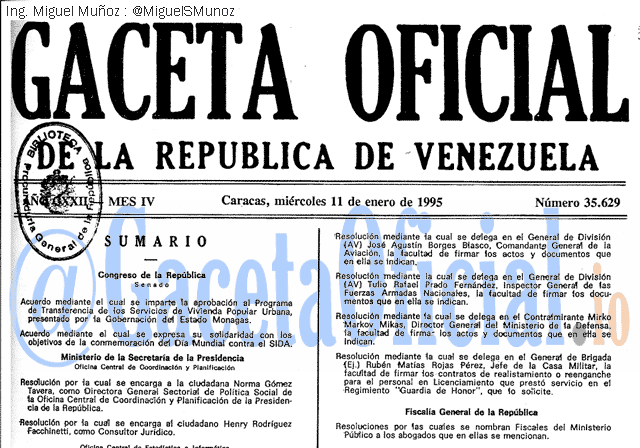Gaceta Oficial 35629 del 11 Enero 1995