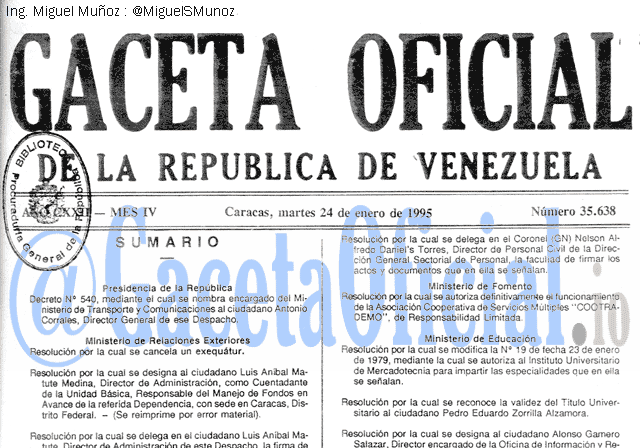 Gaceta Oficial 35638 del 24 Enero 1995
