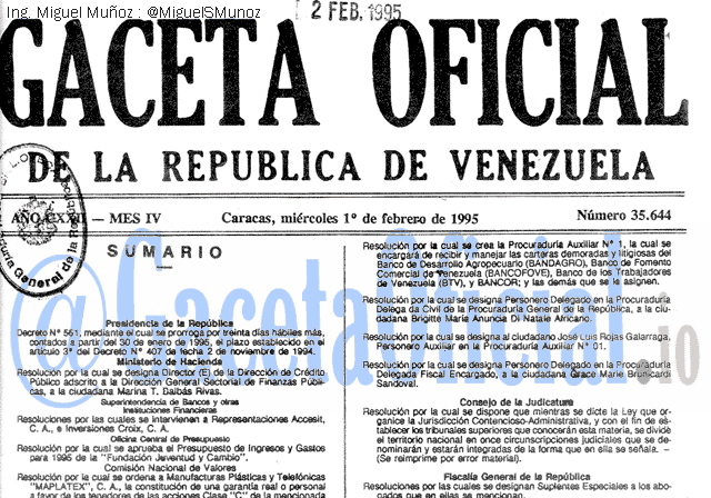 Gaceta Oficial 35644 del 1 Febrero 1995