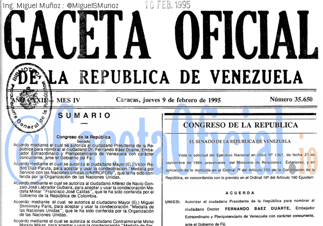 Gaceta Oficial 35650 del 9 Febrero 1995