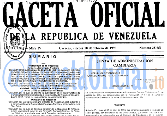 Gaceta Oficial 35651 del 10 Febrero 1995