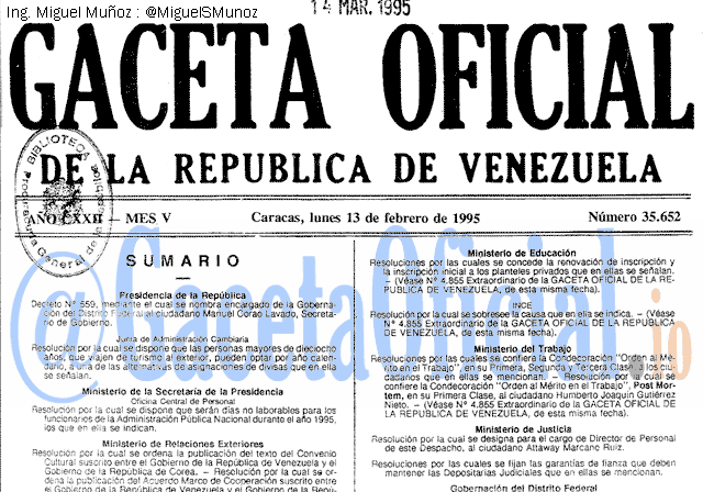 Gaceta Oficial 35652 del 13 Febrero 1995