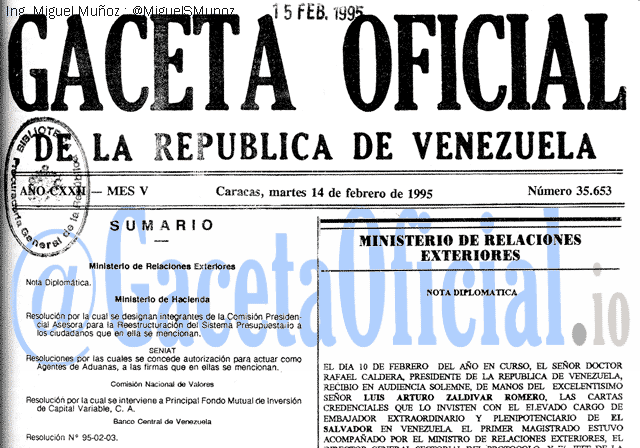 Gaceta Oficial 35653 del 14 Febrero 1995