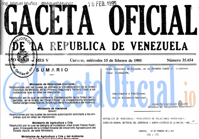 Gaceta Oficial 35654 del 15 Febrero 1995